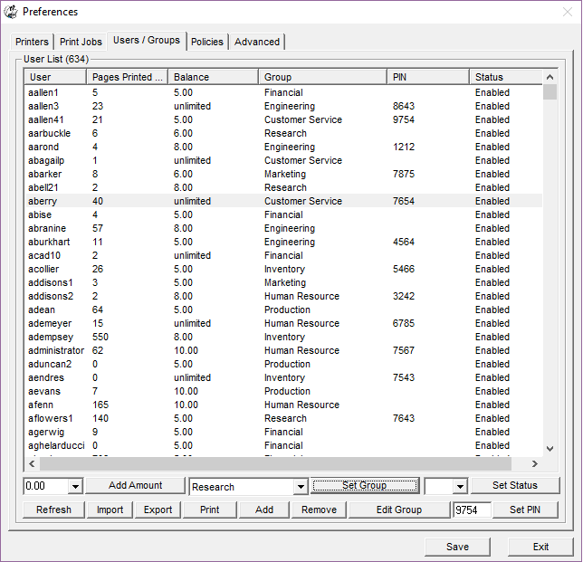 user, group and quotas management